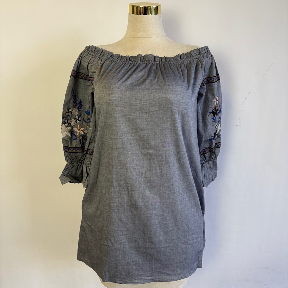 Gray Off-Shoulder Mini Dress with Floral Embroidery